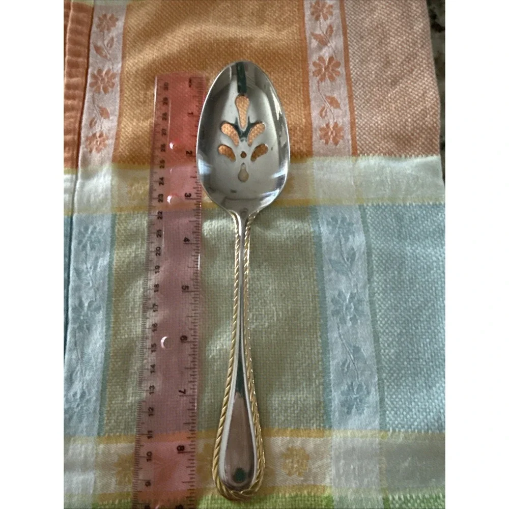 Oneida GOLDEN BELMONT SS Rope Edge Gold Accent Slotted Serving Spoon‎ 4595